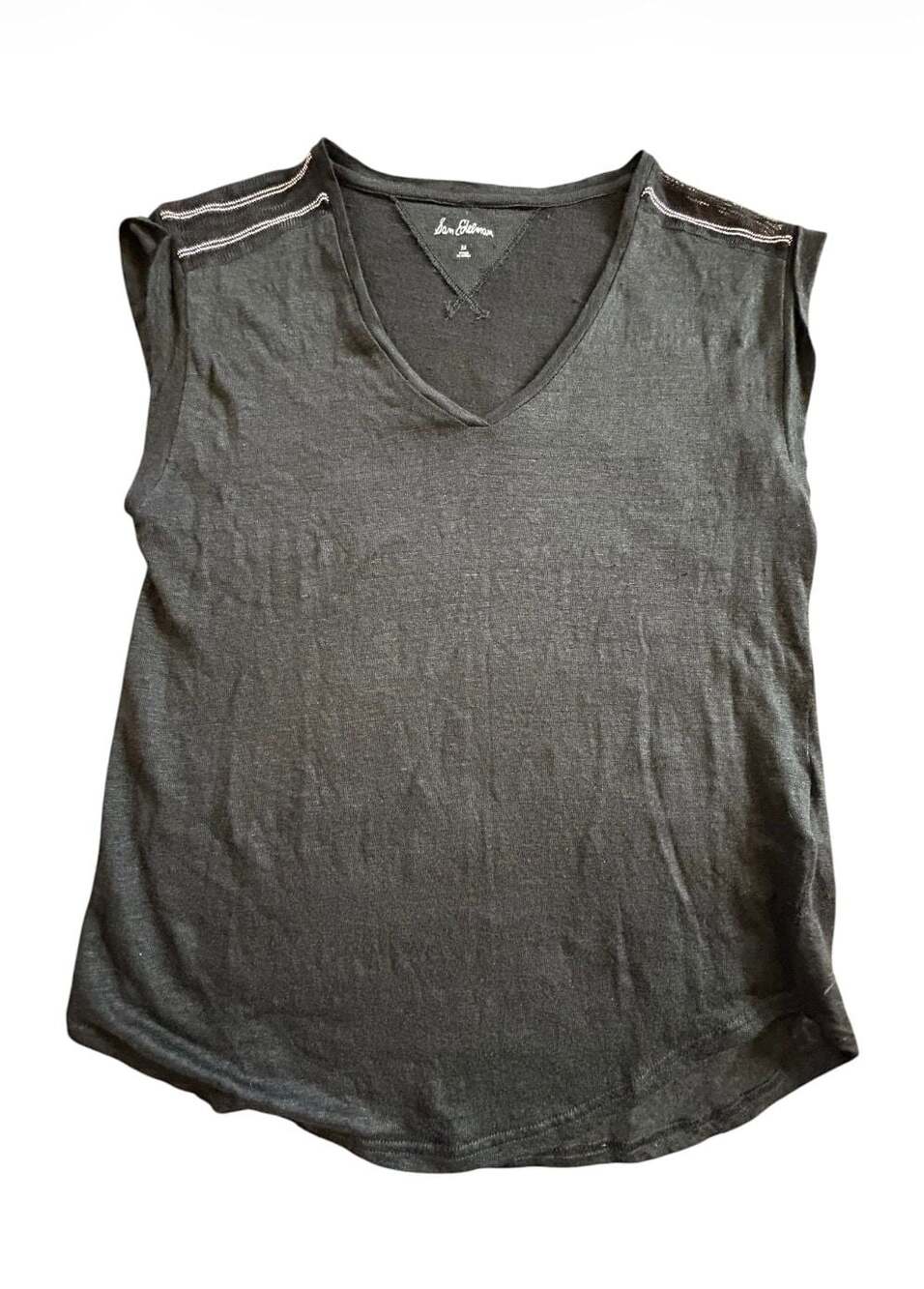 Sam Edelman Womens Sleeveless V-Neck Tank Top with Beaded Shoulder Detail